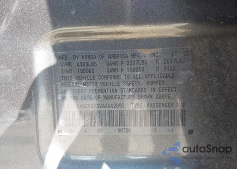 2010 Honda Accord 2.4 Lx-P из США, поврежденный, VIN 1HGCP2F42AA042892